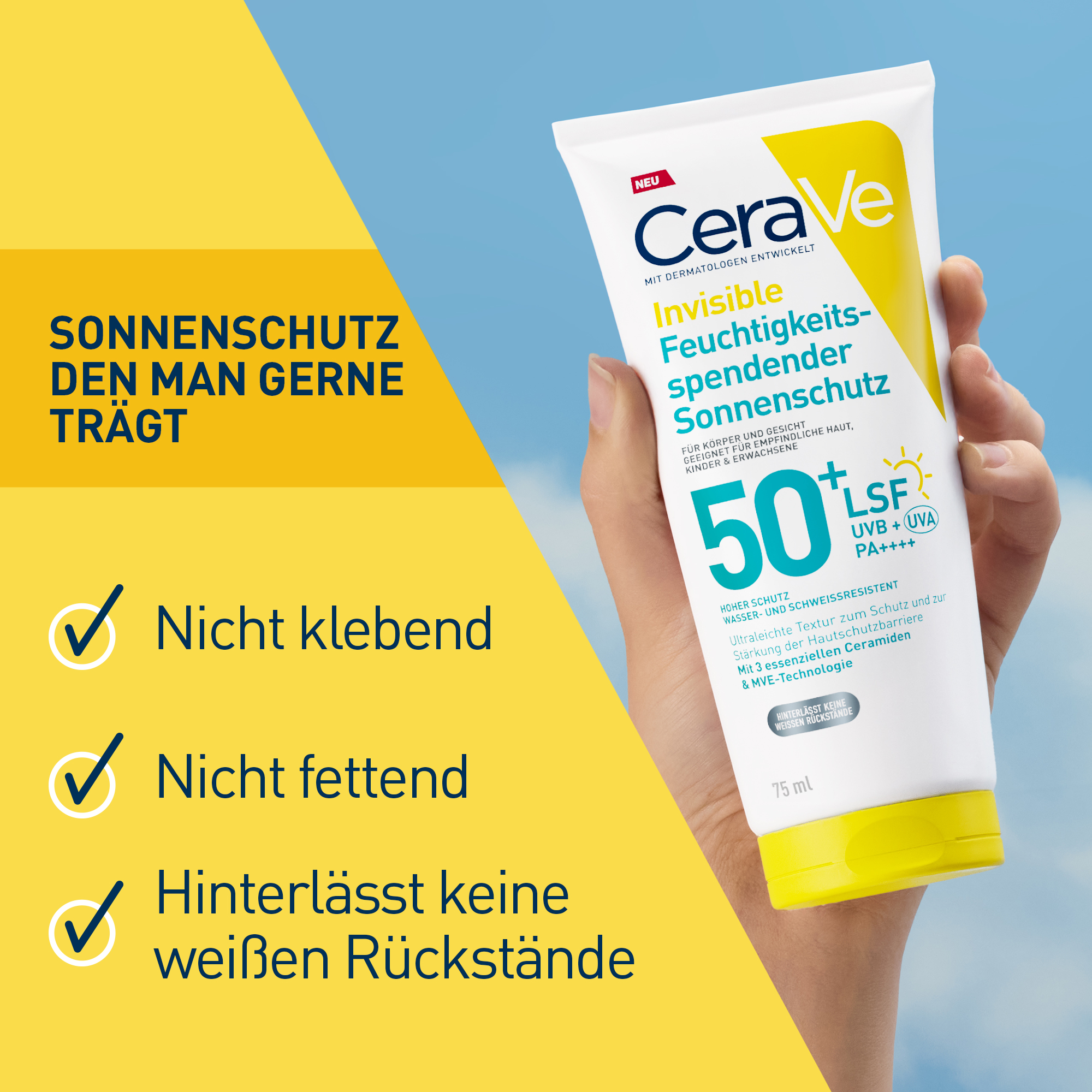 CeraVe Invisible Sonnenschutz LSF 50+ Tube. Text: Nicht klebend, nicht fettend, hinterlässt keine weißen Rückstände.